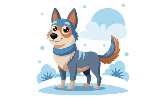 Cute Cartoon Dog in Winter Landscape