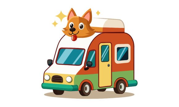 Cute Dog Character Camper Van Travel